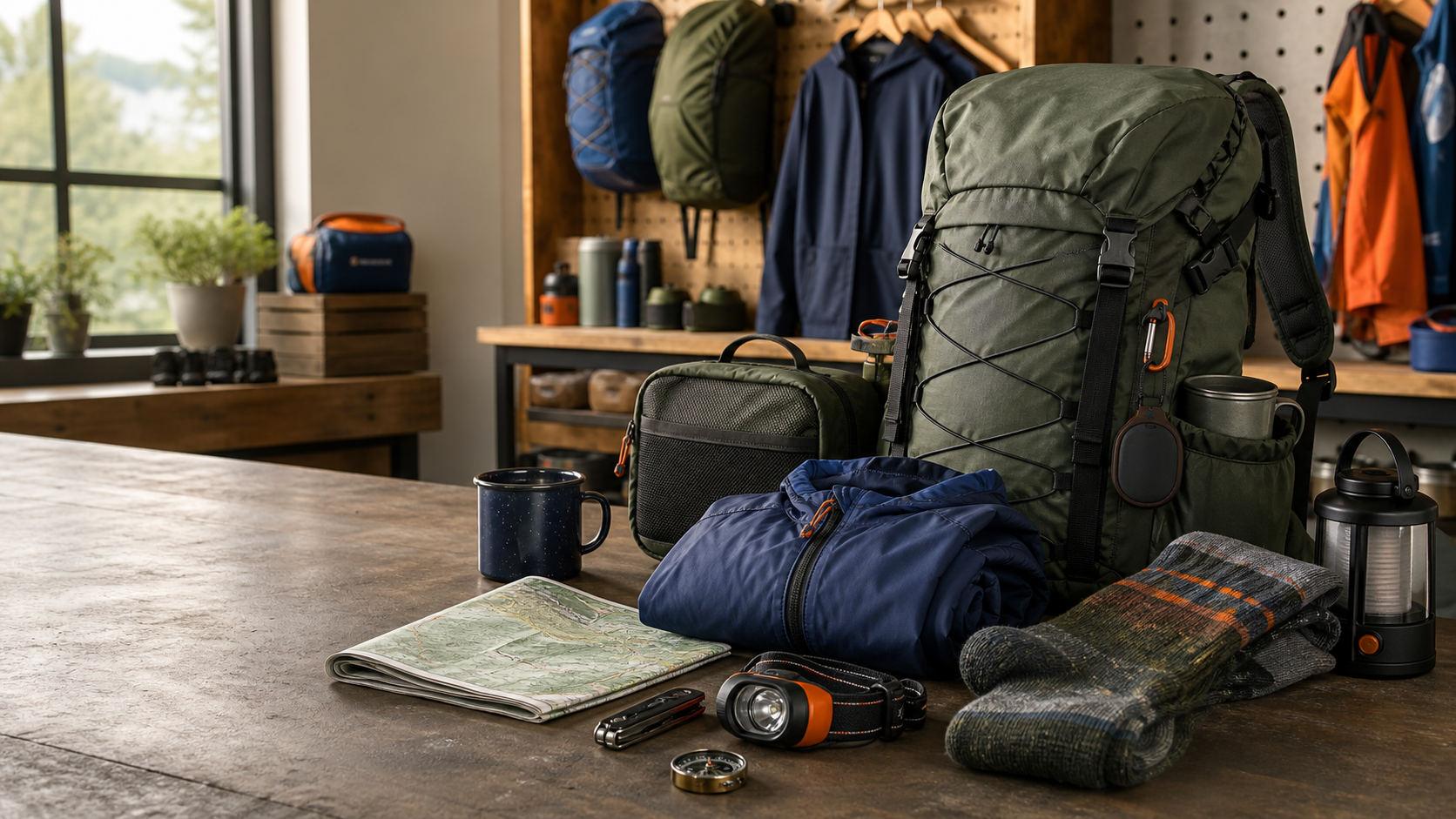 Fictional outdoor gear counter with trail pack, camp mug, jacket, socks, lamp, map, and field tools